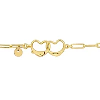 Paper Clip Link Bracelet with Double Heart Clasp in Yellow Plated Sterling Silver - 7.5"