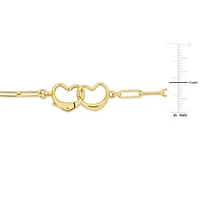 Paper Clip Link Bracelet with Double Heart Clasp in Yellow Plated Sterling Silver - 7.5"