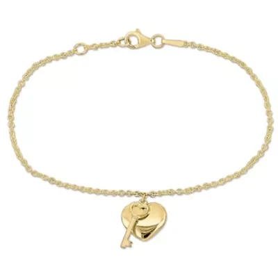 Heart & Key Charm Bracelet in 18K Yellow Gold Plated Sterling Silver