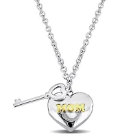 Heart & Key Charm "Mom" Necklace in 18k Yellow Gold Plated & White Sterling Silver