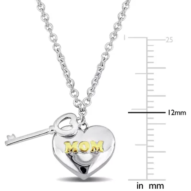 Heart & Key Charm "Mom" Necklace in 18k Yellow Gold Plated & White Sterling Silver