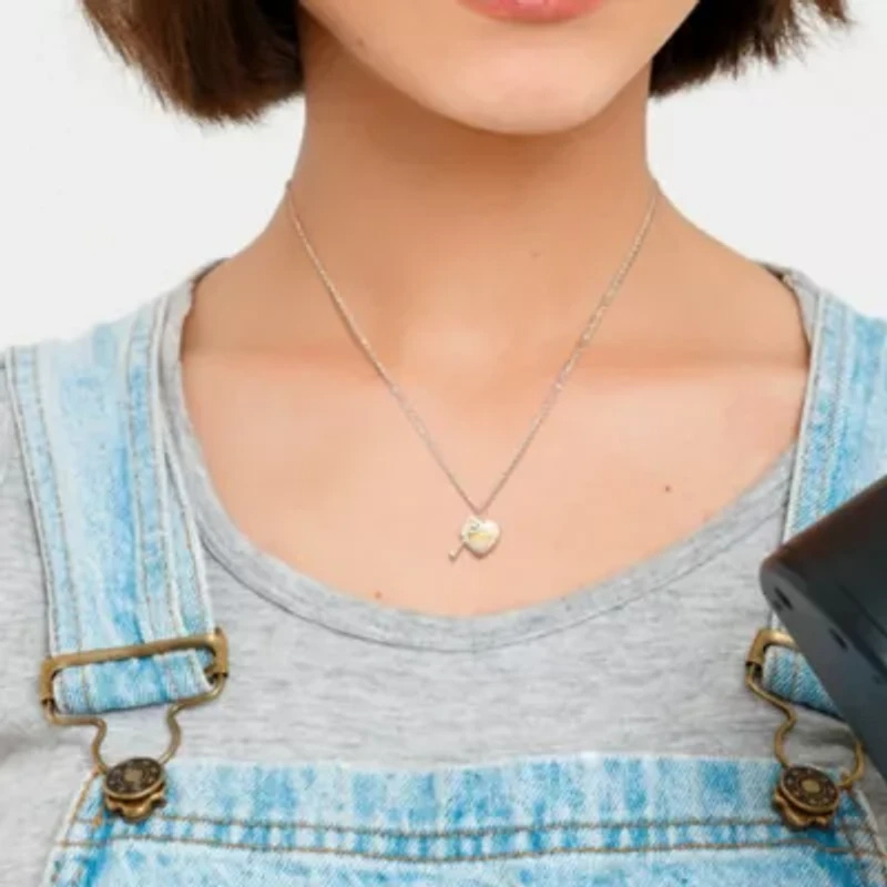 Heart & Key Charm "Mom" Necklace in 18k Yellow Gold Plated & White Sterling Silver