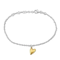 Heart Charm Cable Chain Bracelet in 2-Tone White and Yellow Plated Sterling Silver
