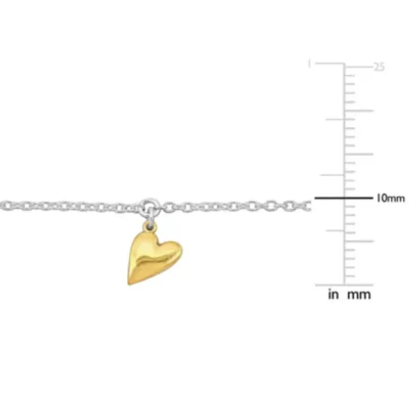 Heart Charm Cable Chain Bracelet in 2-Tone White and Yellow Plated Sterling Silver