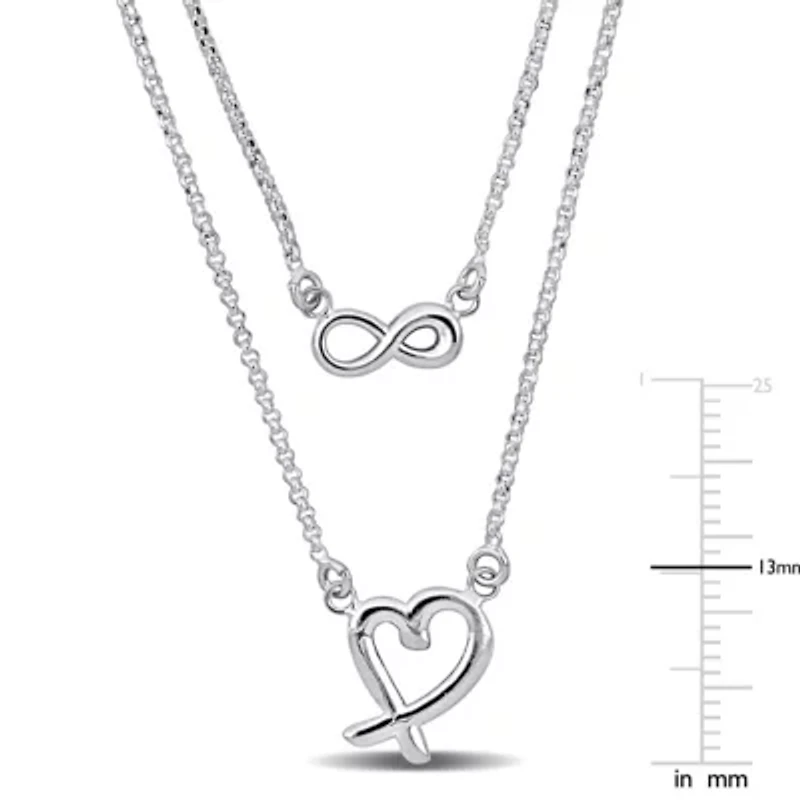 Infinity & Heart Charm Double Strand Necklace in Sterling Silver