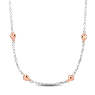 Heart Charm Rolo Chain Necklace in 2-Tone Rose Plated & White Sterling Silver