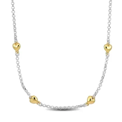 Heart Charm Station Necklace in 2-Tone Yellow Plated & White Sterling Silver