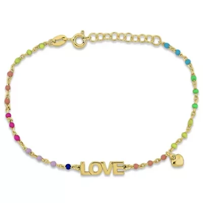 Love & Heart Charm with Multi-Color Enamel Bracelet in Yellow Plated Sterling Silver