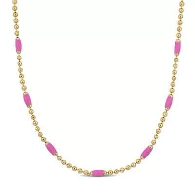 Pink Enamel Ball Link Necklace in Yellow Plated Sterling Silver