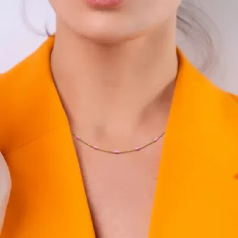 Pink Enamel Ball Link Necklace in Yellow Plated Sterling Silver