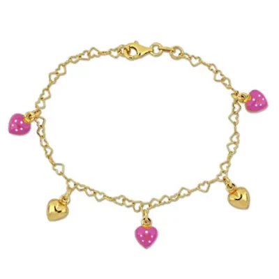 3.3MM Heart Link Bracelet with Enamel Heart Charms in Yellow Plated Sterling Silver