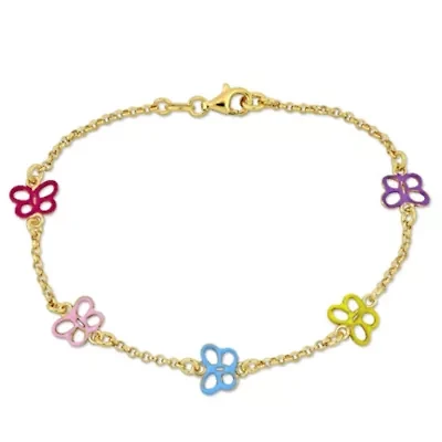 Multi-Color Enamel Butterfly Bracelet in Yellow Plated Sterling Silver