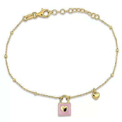 Lock & Heart Charm Cable and Bead Chain Bracelet in Yellow Plated Sterling Silver