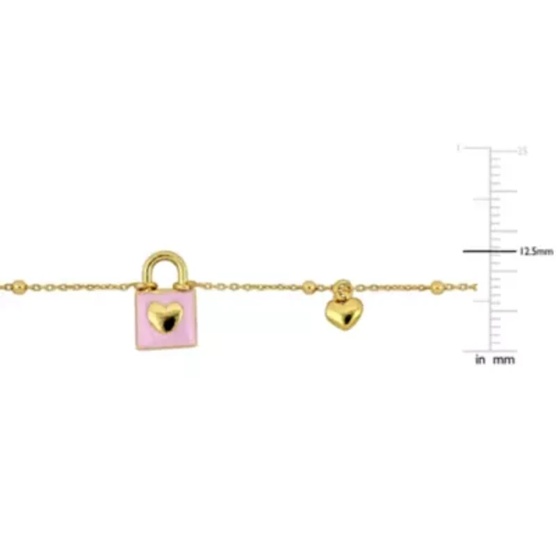 Lock & Heart Charm Cable and Bead Chain Bracelet in Yellow Plated Sterling Silver