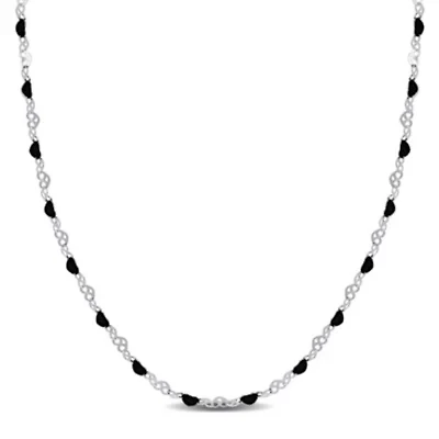 Black Enamel Bead Heart Link Station Necklace in Sterling Silver