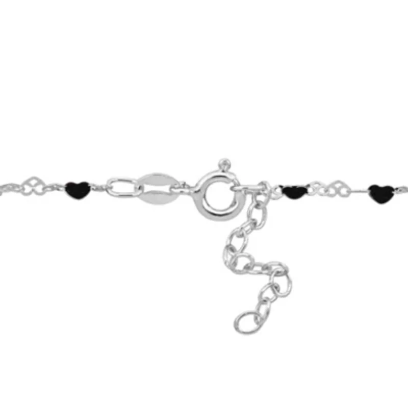 Black Enamel Bead Heart Link Station Necklace in Sterling Silver