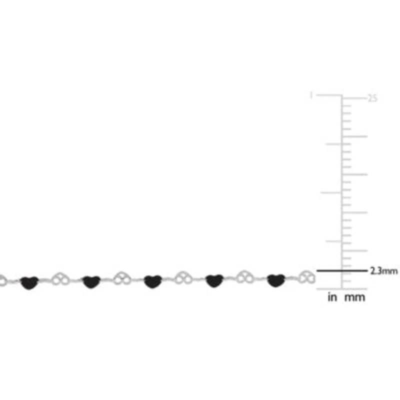 Black Enamel Bead Heart Link Station Necklace in Sterling Silver