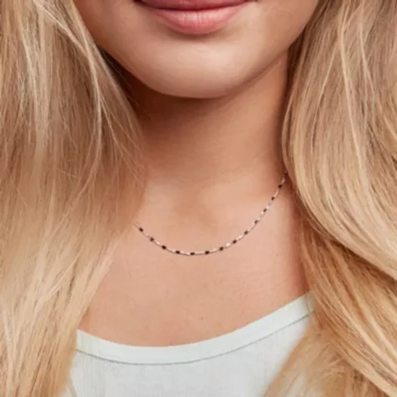 Black Enamel Bead Heart Link Station Necklace in Sterling Silver