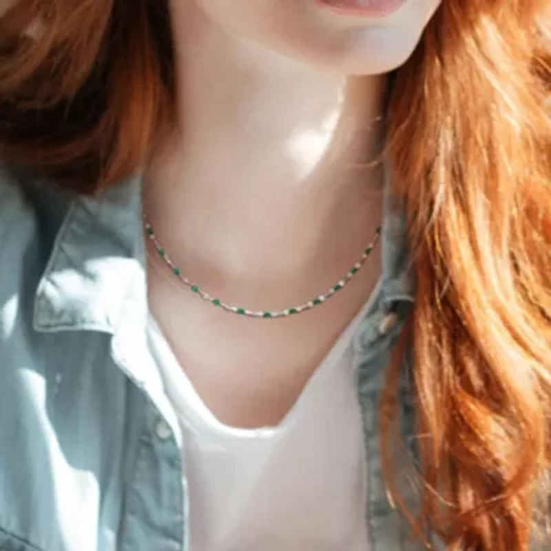 Green Enamel Bead Station Necklace in Sterling Silver