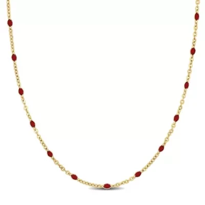Red Enamel Bead Station Necklace in Yellow Plated Sterling Silver