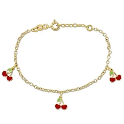 2MM Cherry Enamel Charm Rolo Chain Bracelet in Yellow Plated Sterling Silver