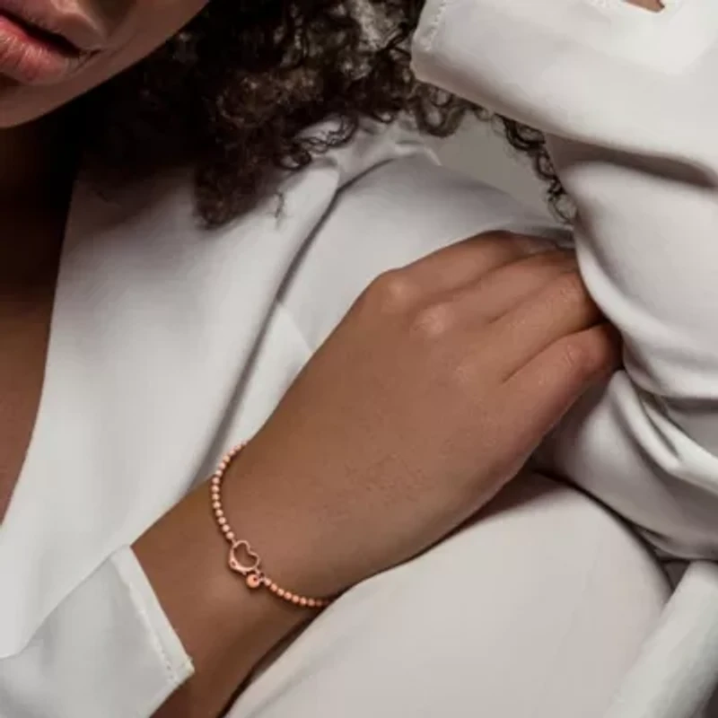 Bead Link Bracelet with Heart Clasp in Rose Plated Sterling Silver - 7.5"