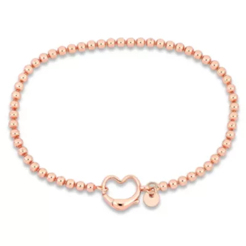 Bead Link Bracelet with Heart Clasp in Rose Plated Sterling Silver - 9"