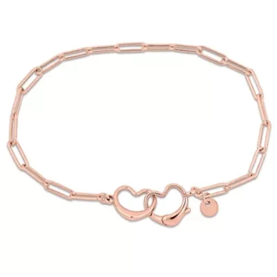 Paper Clip Link Bracelet with Double Heart Clasp in Rose Plated Sterling Silver - 7.5"