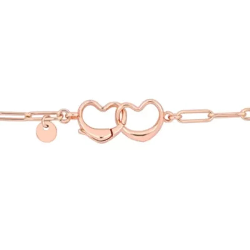 Paper Clip Link Bracelet with Double Heart Clasp in Rose Plated Sterling Silver - 7.5"
