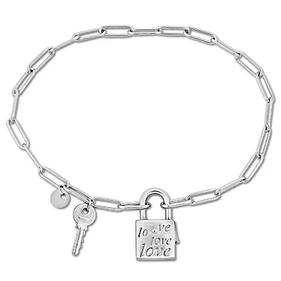Paper Clip Link Charm Bracelet with Lock Clasp in Sterling Silver
