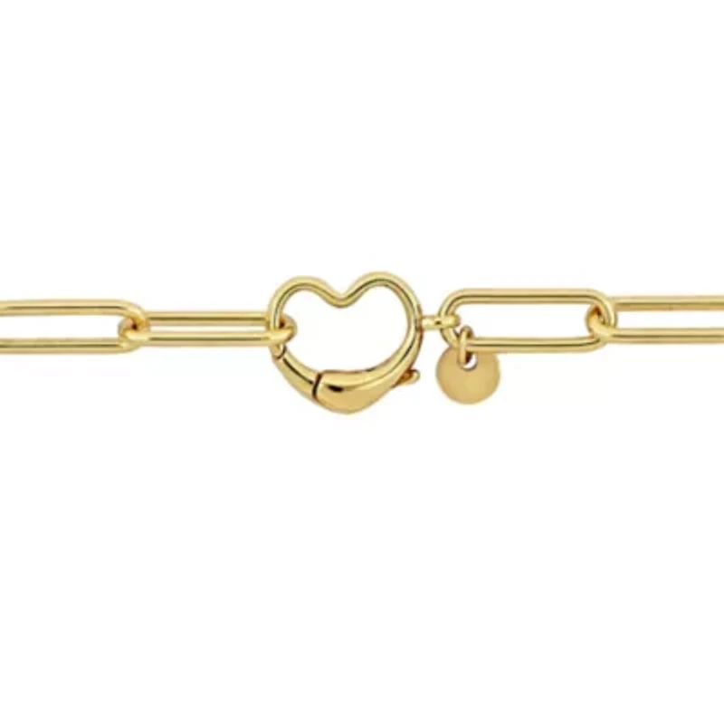 Paper Clip Link Bracelet with Heart Clasp in Yellow Plated Sterling Silver - 7"