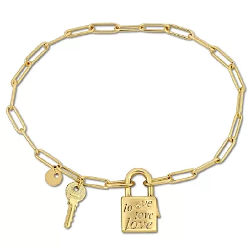 Paper Clip Link Bracelet with Lock Clasp in Yellow Plated Sterling Silver