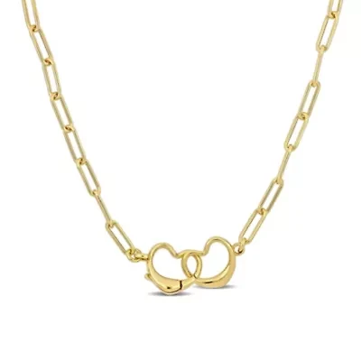 Paper Clip Link Necklace with Double Heart Clasp in Yellow Plated Sterling Silver - 16"