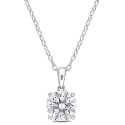 Lab Created Created White Sapphire Solitaire Classic Basket Setting Pendant with Chain in Sterling Silver