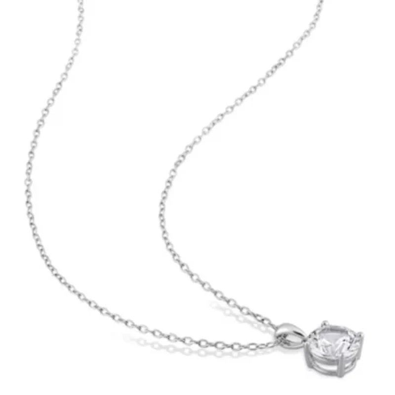 Lab Created Created White Sapphire Solitaire Classic Basket Setting Pendant with Chain in Sterling Silver