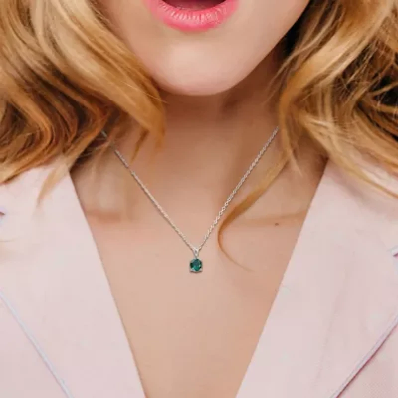 Lab Created Created Emerald Solitaire Classic Basket Setting Pendant with Chain in Sterling Silver