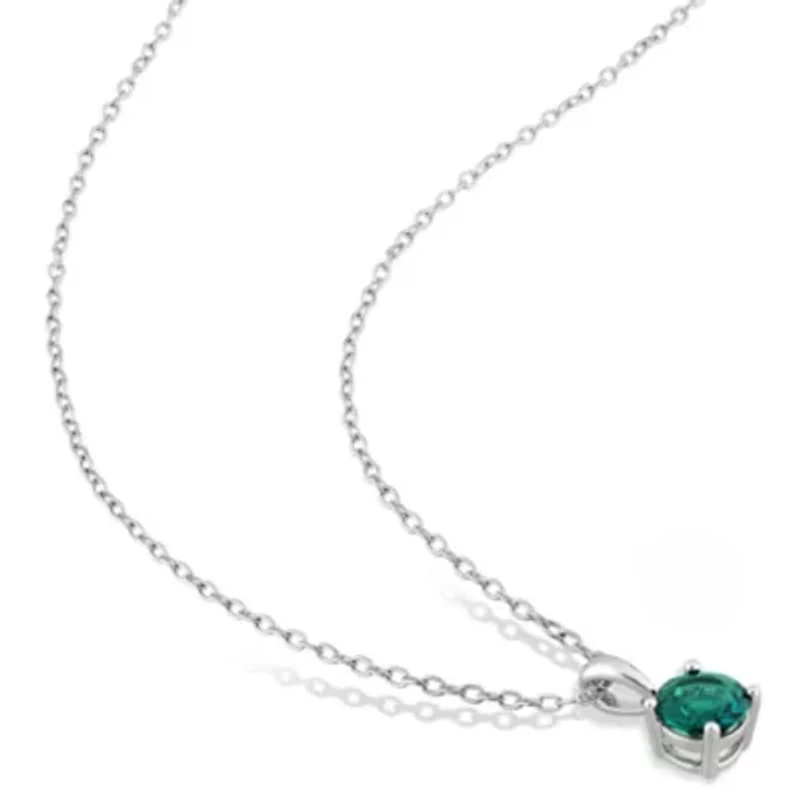 Lab Created Created Emerald Solitaire Classic Basket Setting Pendant with Chain in Sterling Silver