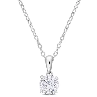 Lab Created Created White Sapphire Solitaire Classic Basket Setting Pendant with Chain in Sterling Silver