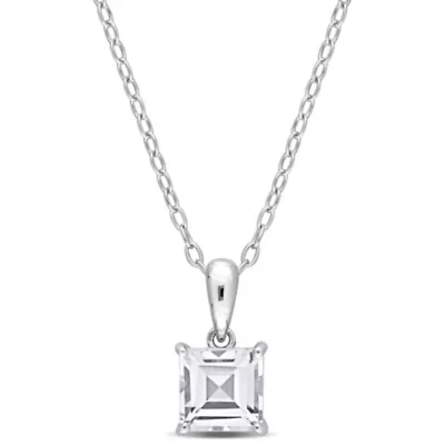 White Topaz Solitaire Classic Basket Setting Pendant with Chain in Sterling Silver