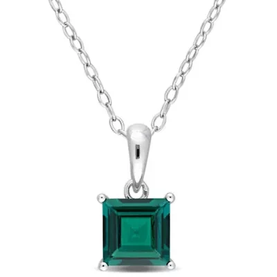 Lab Created Created Emerald Solitaire Classic Basket Setting Pendant with Chain in Sterling Silver