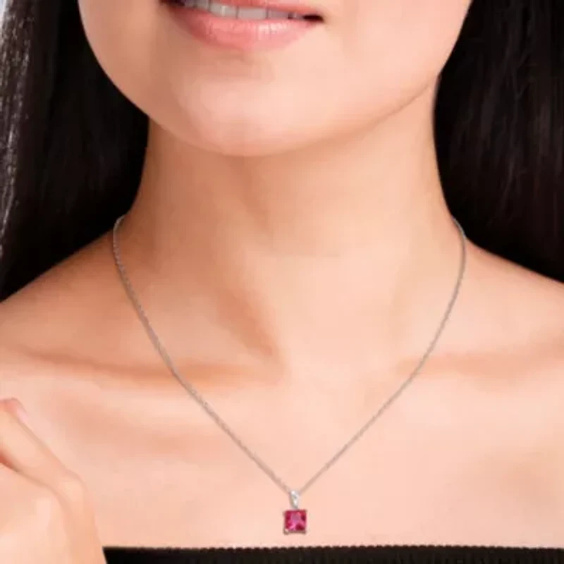 Lab Created Created Ruby Solitaire Classic Basket Setting Pendant with Chain in Sterling Silver