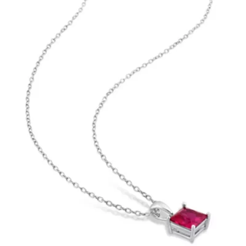 Lab Created Created Ruby Solitaire Classic Basket Setting Pendant with Chain in Sterling Silver