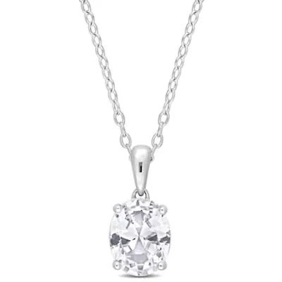 Lab Created Created White Sapphire Solitaire Classic Basket Setting Pendant with Chain in Sterling Silver