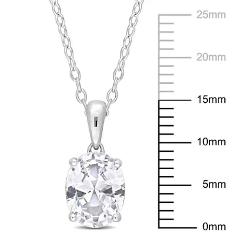 Lab Created Created White Sapphire Solitaire Classic Basket Setting Pendant with Chain in Sterling Silver