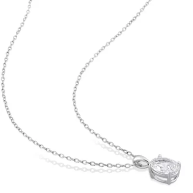 Lab Created Created White Sapphire Solitaire Classic Basket Setting Pendant with Chain in Sterling Silver