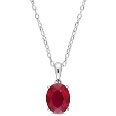 Lab Created Created Ruby Solitaire Classic Basket Setting Pendant with Chain in Sterling Silver