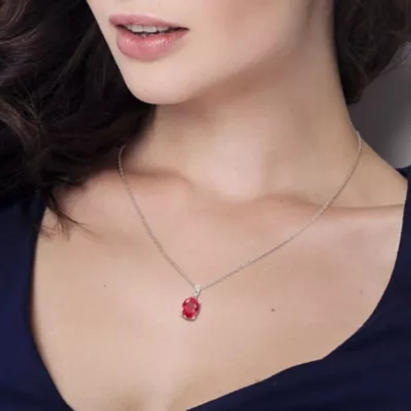 Lab Created Created Ruby Solitaire Classic Basket Setting Pendant with Chain in Sterling Silver