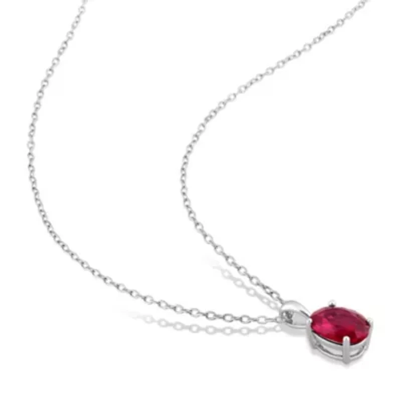 Lab Created Created Ruby Solitaire Classic Basket Setting Pendant with Chain in Sterling Silver