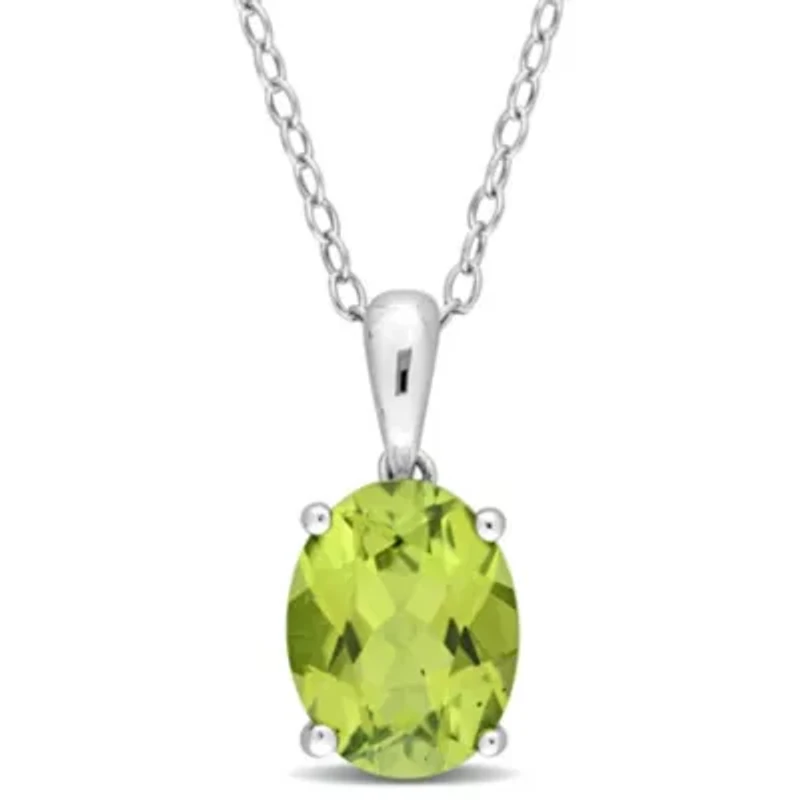 Peridot Solitaire Classic Basket Setting Pendant with Chain in Sterling Silver
