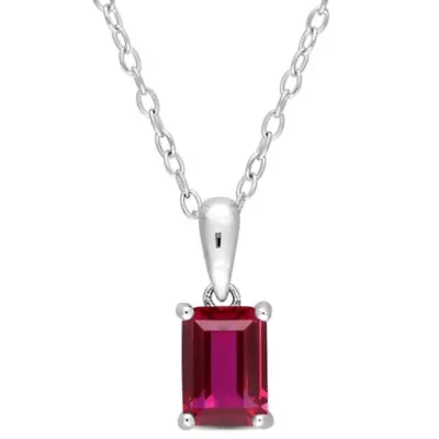 Lab Created Created Ruby Solitaire Classic Basket Setting Pendant with Chain in Sterling Silver